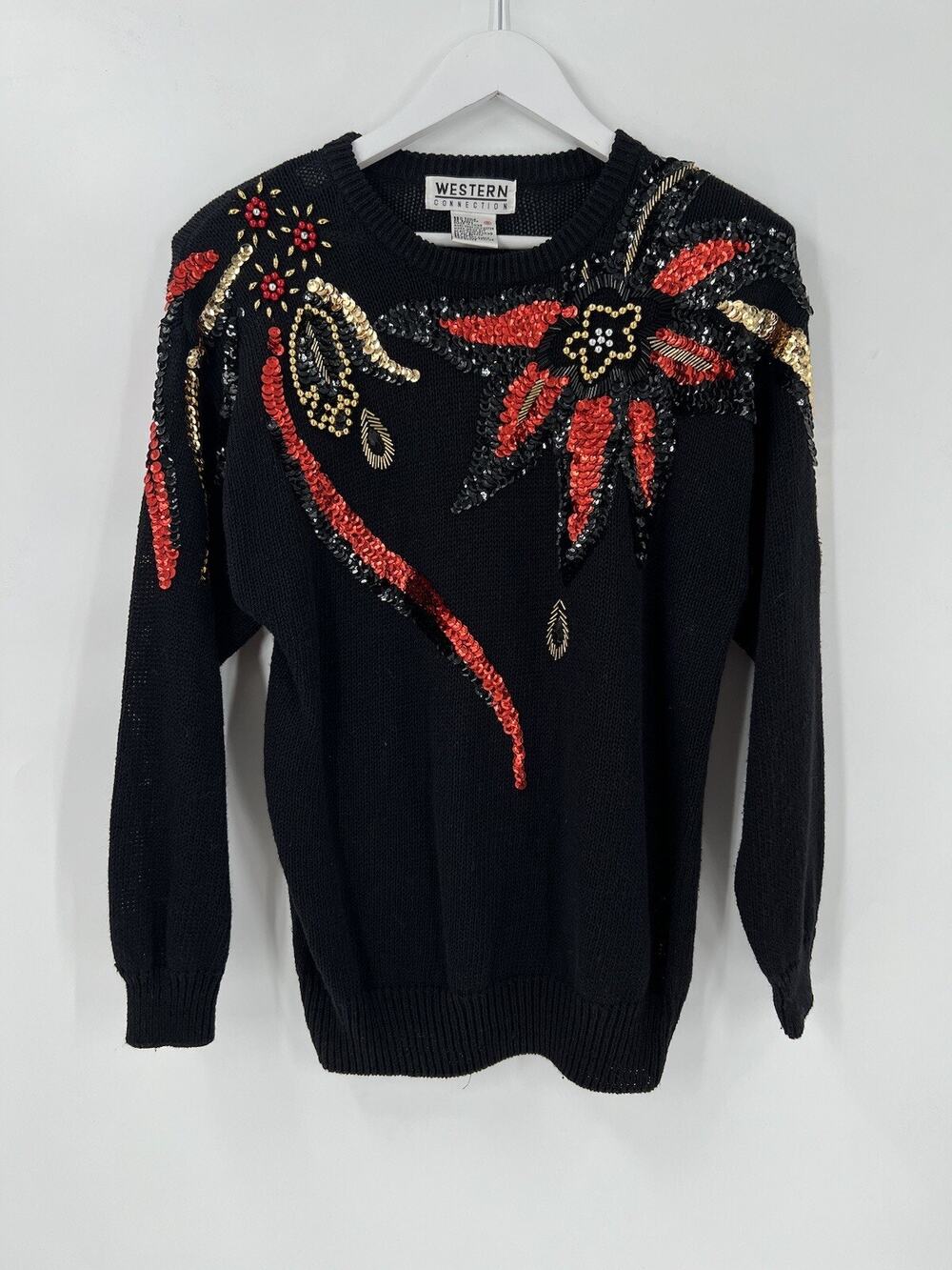 Western Connection Vintage Sweater Womens Small Black Red Sequins Flowers Beaded